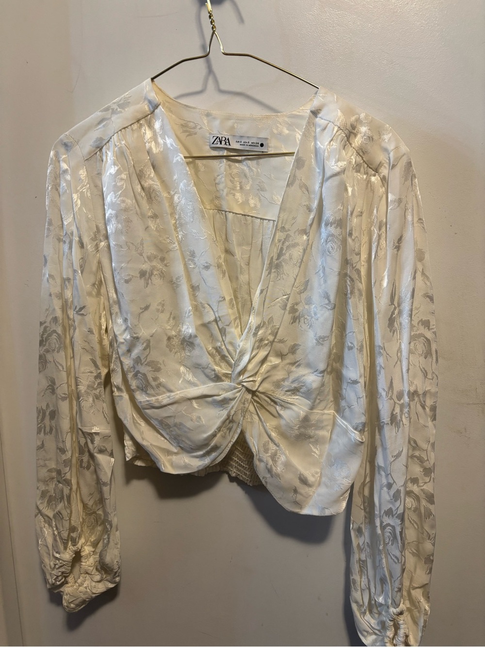 Zara Cream Floral Satin Twist-Front Blouse